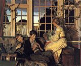 Viggo Christian Frederick Pedersen A Mother and Children by a Window at Dusk painting